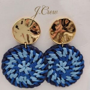 J Crew Large Gold Plated Disc with Blue Raffia Drop Earrings NWT!  NEW!